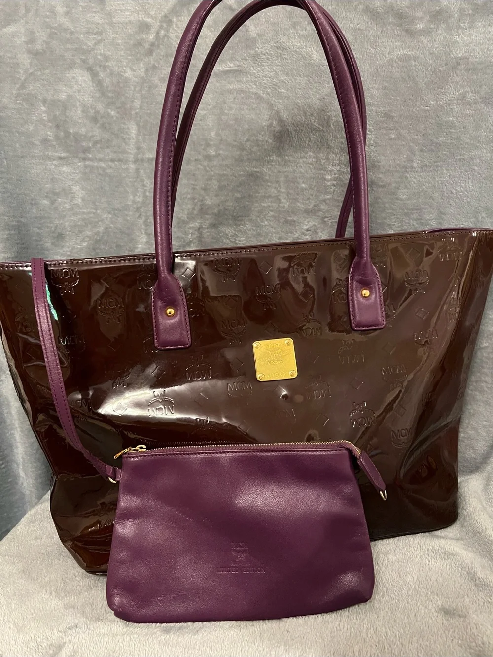 MCM Patent Tote in Dark Brown with Plum Handles